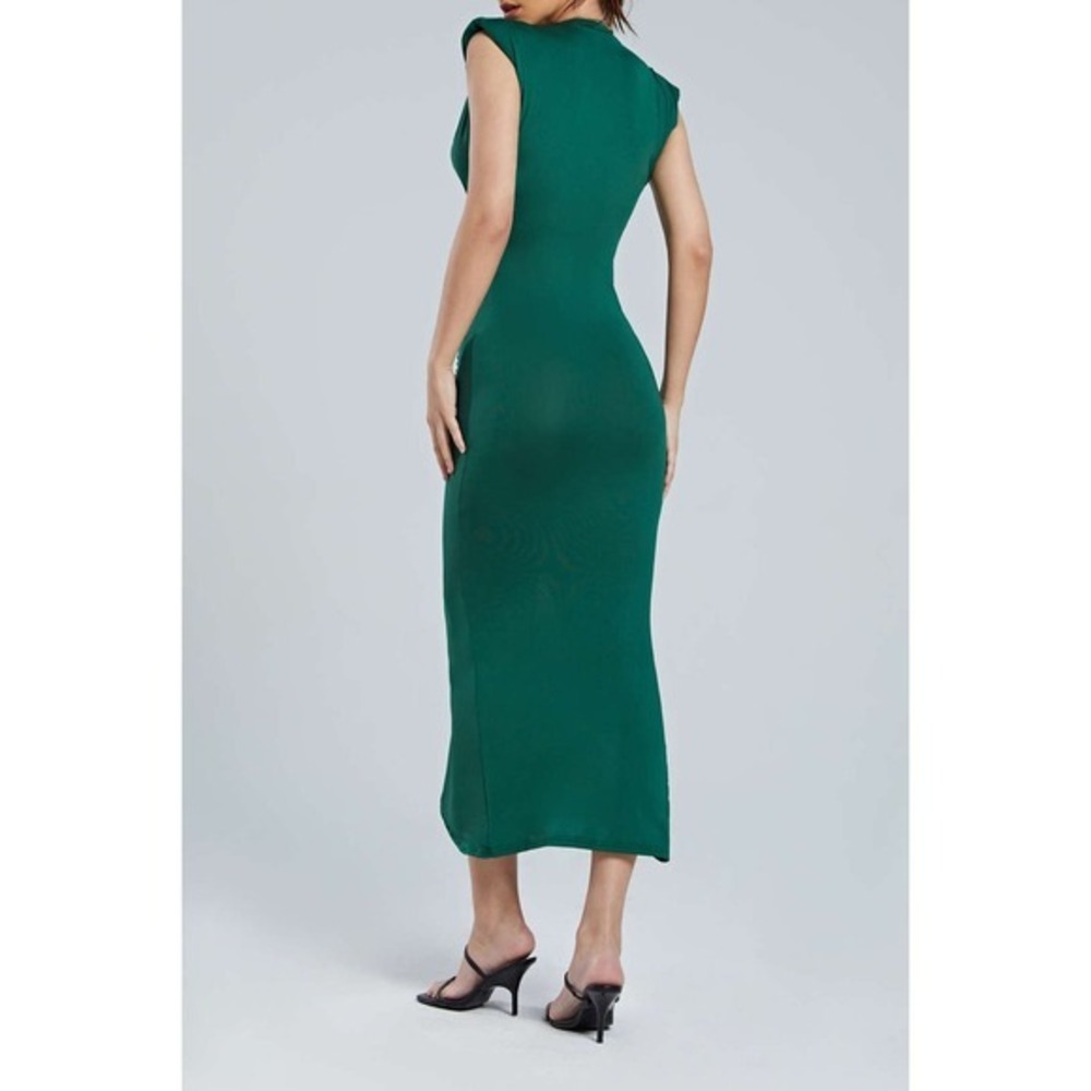 Micas Green Midi Dress Plunge Sleeveless Ruched Bodycon Party Cocktail Dress Xl - Picture 4 of 12